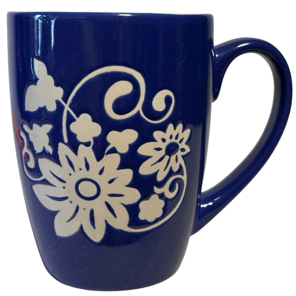 Blue & White Ceramic Coffee Mug Cup Floral Design on front